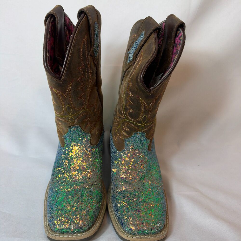 Shyanne Girls Glitter Cowboy Boots with Brown Leather Kids Size 1